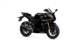 Black Yamaha sport motorcycle viewed from the front-right side, with gold inverted front forks and sharp fairing.