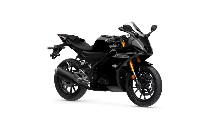 Black Yamaha sport motorcycle viewed from the front-right side, with gold inverted front forks and sharp fairing.