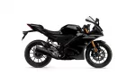 Side view of a glossy black Yamaha R125 sport motorcycle with gold front suspension forks