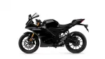 Side view of a black sport motorcycle with gold front forks and a sleek aerodynamic fairing