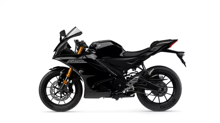 Side view of a black sport motorcycle with gold front forks and a sleek aerodynamic fairing