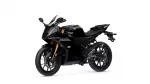 Black sport motorcycle shown from a front-right angle, highlighting its aggressive fairing, gold inverted front forks, and large disc brakes.