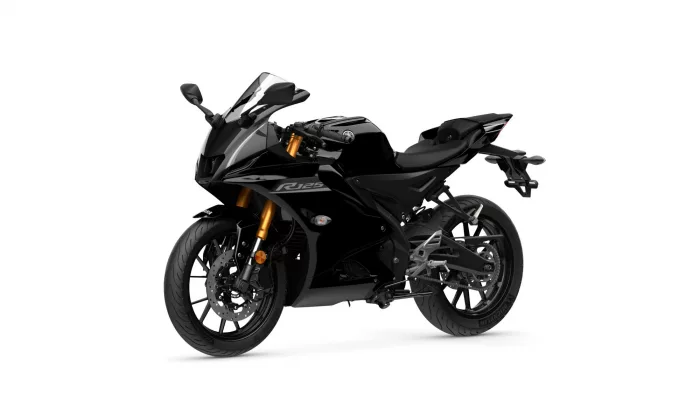 Black sport motorcycle shown from a front-right angle, highlighting its aggressive fairing, gold inverted front forks, and large disc brakes.