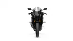 Front view of a black Yamaha sport motorcycle seen head-on, with gold front forks and aggressive styling.