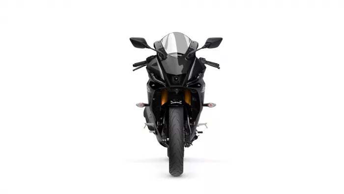 Front view of a black Yamaha sport motorcycle seen head-on, with gold front forks and aggressive styling.