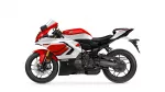 Red-and-white Yamaha sport motorcycle shown in profile with branding visible on fairings and wheel detail