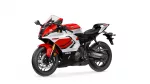 Red-and-white Yamaha sport motorcycle shown from side-front angle with visible rider seat and front brake discs
