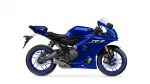 Blue Yamaha R7 sport motorcycle shown in a side profile with front brake discs visible