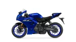 Blue Yamaha R1 sport motorcycle shown from the left side, highlighting the fairing and indicators on a white background.