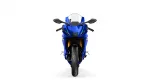 Front view of a blue Yamaha sport motorcycle on a white background, showing the windshield and handlebars from the rider's perspective.