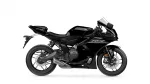 Black Yamaha sport motorcycle in side view, showcasing sleek fairing, low seat, and dual front discs.