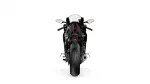 Rear view of a black sport motorcycle on a white background","Back of a sleek black motorcycle with taillight and license plate holder","Sport bike seen from behind; wide rear tire, red taillight, mirrors","Motorcycle tail section with exhaust on the right and rear tire prominent","Black motorcycle viewed from the rear on a white studio backdrop