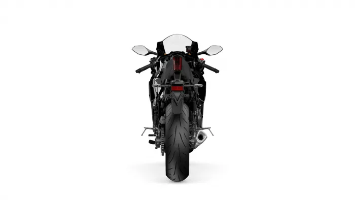 Rear view of a black sport motorcycle on a white background","Back of a sleek black motorcycle with taillight and license plate holder","Sport bike seen from behind; wide rear tire, red taillight, mirrors","Motorcycle tail section with exhaust on the right and rear tire prominent","Black motorcycle viewed from the rear on a white studio backdrop