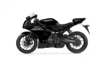 Black sport motorcycle seen from the left side, featuring a sleek angular body and a prominent fuel tank with a Yamaha logo and 'R3' decal