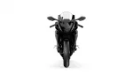 Front view of a black Yamaha sport motorcycle with a clear windshield and aggressive styling