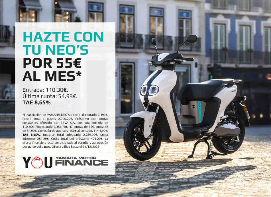 White Yamaha scooter on a cobblestone street with teal Spanish ad text offering €55/month financing (You Finance) in the foreground.