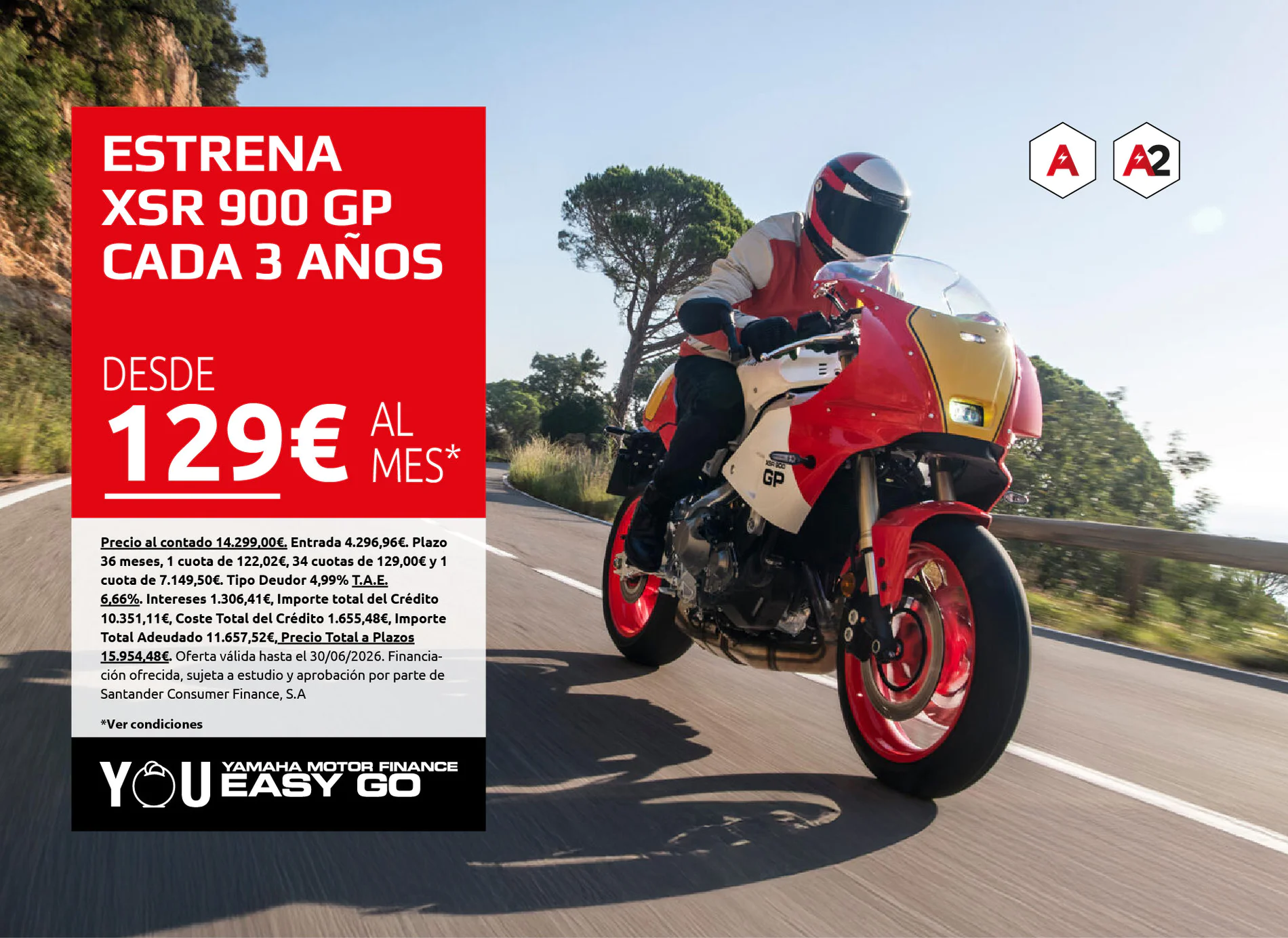 Red ad panel on the left promoting the XSR 900 GP from 129€ per month, with a motorcycle rider on the road to the right.