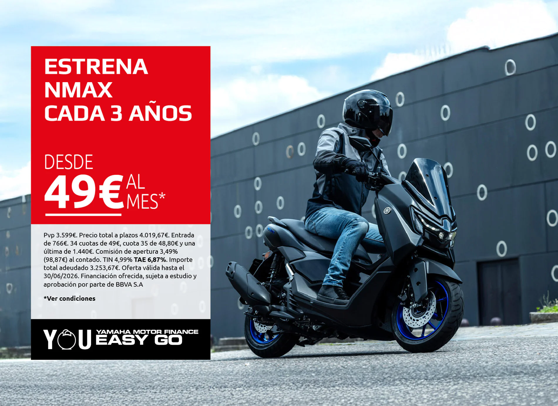 Motorcyclist on a Yamaha scooter beside a large red ad panel promoting NMAX from €49 per month.