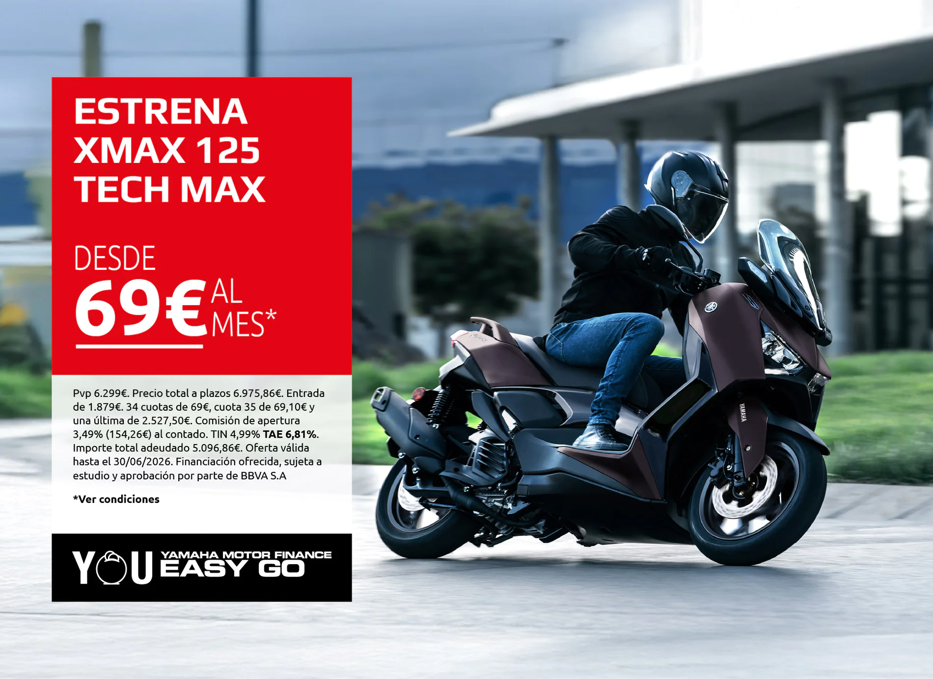 Ad banner for Yamaha XMAX 125 Tech Max: 'from 69€ per month', with a rider on a Yamaha scooter on the right.