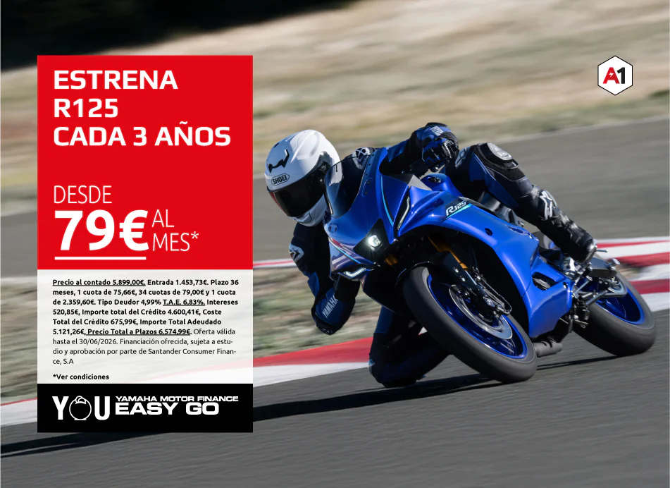 Ad panel reads 'ESTRENA R125 CADA 3 AÑOS DESDE 79€ AL MES' with fine print; blue Yamaha sport bike on a racetrack in the background.