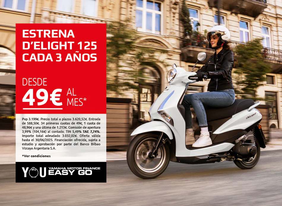 Publicidad: mujer con casco en una scooter Yamaha blanca en la calle, junto a un cartel rojo que anuncia D'Elight 125 desde 49€ al mes.