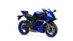 Blue Yamaha sport motorcycle shown from a right-front angle with aerodynamic fairings and large disc brakes.