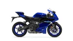 Blue sport motorcycle shown in a side profile, featuring sleek aerodynamic fairings, black chassis, and blue rims.