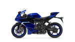 Side view of a blue sport motorcycle with a black frame on a white background.
