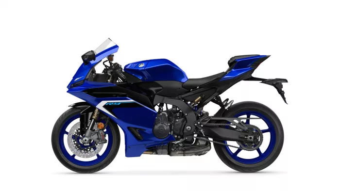 Side view of a blue sport motorcycle with a black frame on a white background.