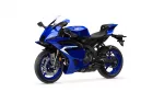 Blue Yamaha sport motorcycle shown from a front-left angle, highlighting aerodynamic fairings and windscreen on a white background from the side profile.