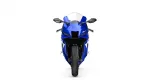 Front view of a blue Yamaha sport motorcycle with a clear windshield and aggressive styling