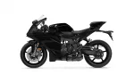 Black sport motorcycle in a left-side profile view with angular fairings and large rear wheel against a white background.