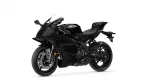 Black sport motorcycle shown from a left-front angle with a sleek fairing and windscreen, Yamaha logo visible on the tank
