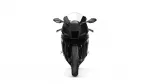 Front view of a black Yamaha sport motorcycle with a clear windscreen and angular bodywork centered on white background, tire straight ahead.