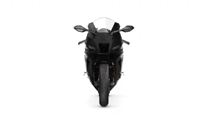 Front view of a black Yamaha sport motorcycle with a clear windscreen and angular bodywork centered on white background, tire straight ahead.