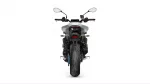 Rear view of a modern gray motorcycle on a white background, showing the wide rear tire, taillight, and side mirrors.