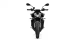 Front view of a black-gray sport motorcycle with wide front tire and dual mirrors on handlebars.