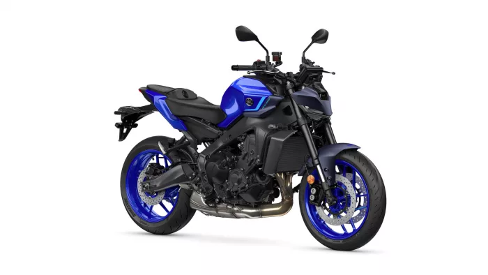 Blue Yamaha sport motorcycle shown at a three-quarter front angle, highlighting blue bodywork and rims with black frame.