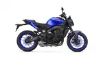 Blue Yamaha sport motorcycle shown in profile from the left side, with blue wheels and exposed engine.
