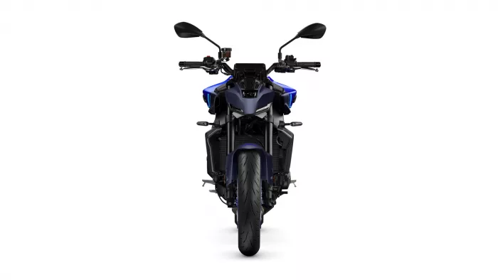 Front view of a blue-and-black sport motorcycle facing the camera, with handlebars and mirrors visible against a white background.
