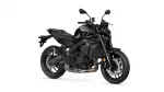 Black sport motorcycle shown in profile with a matte finish, exposed engine, and large front disc brakes on a white background.