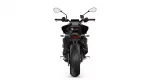 Rear view of a black sport motorcycle isolated on a white background, showing the taillight and mirrors above the handlebars behind the seat.