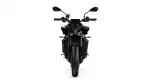 Front view of a black Yamaha sport motorcycle facing the camera, with wide tire and handlebars visible
