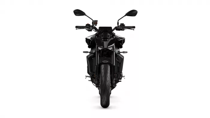 Front view of a black Yamaha sport motorcycle facing the camera, with wide tire and handlebars visible