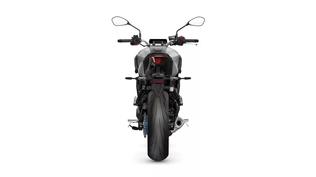 Rear view of a gray sport motorcycle showing the tail light, rear fender, and wide rear tire with mirrors and handlebars visible above.