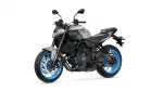 Yamaha MT-07 sport motorcycle in gray with blue rims, viewed from the front-left side.