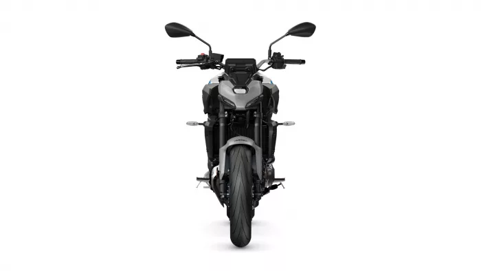 Front view of a modern Yamaha motorcycle facing the camera, showing the handlebars, mirrors, and prominent front tire.