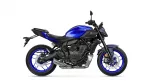 Blue Yamaha MT-07 sport motorcycle shown in a left-side profile with chrome exhaust and blue rims