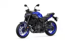 Blue Yamaha MT-07 sport motorcycle photographed from front-left, showing blue bodywork, black frame, and disc brakes.
