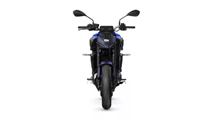 Front view of a blue sport motorcycle facing the camera, showing the windshield, twin headlights and wide front tire, with black accents and mirrors visible.